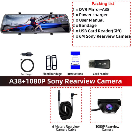 Dashcam 12 Inch Touch Screen Car Room Mirror Video Recorder Dash Cam for Cars DVR with Sony Rearview Camera Car Black Box