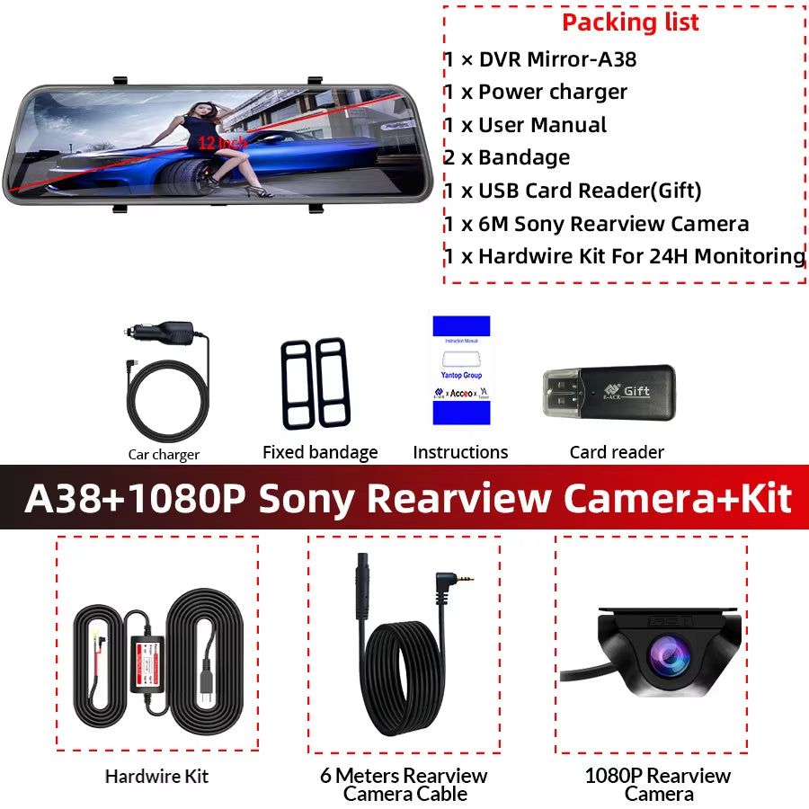 Dashcam 12 Inch Touch Screen Car Room Mirror Video Recorder Dash Cam for Cars DVR with Sony Rearview Camera Car Black Box