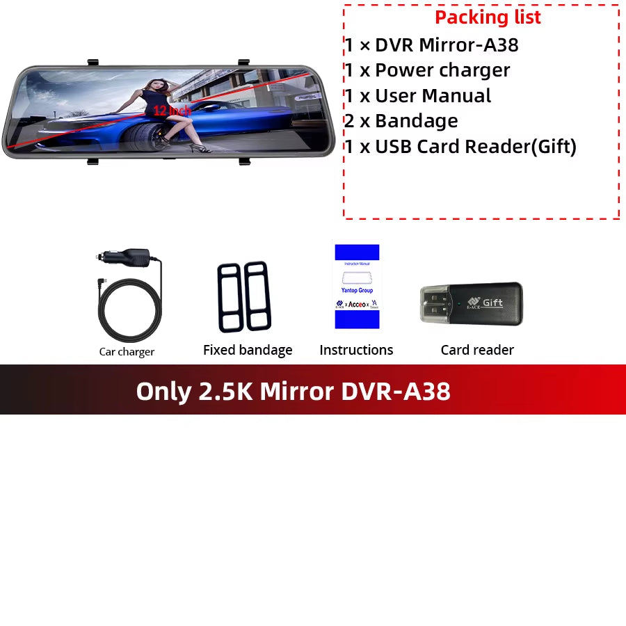 Dashcam 12 Inch Touch Screen Car Room Mirror Video Recorder Dash Cam for Cars DVR with Sony Rearview Camera Car Black Box