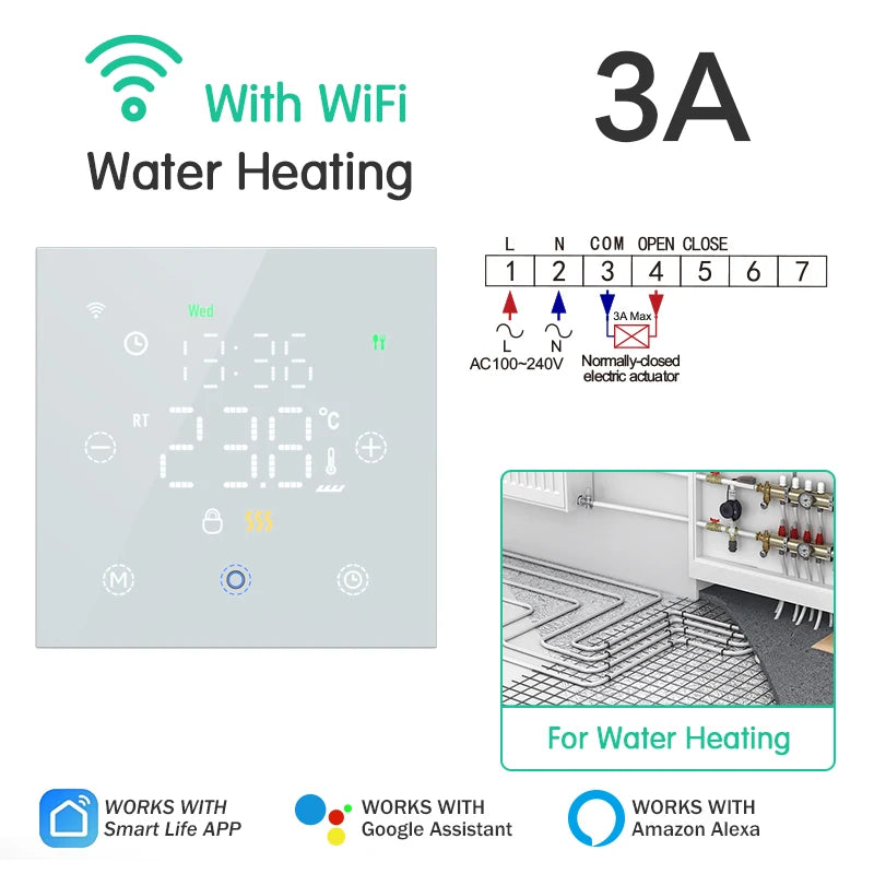 Tuya Smart WiFi Thermostat for Water & Electric Floor Heating, Gas Boilers – Remote Control, Alexa & Google Assistant Compatible, Programmable, Battery-Free