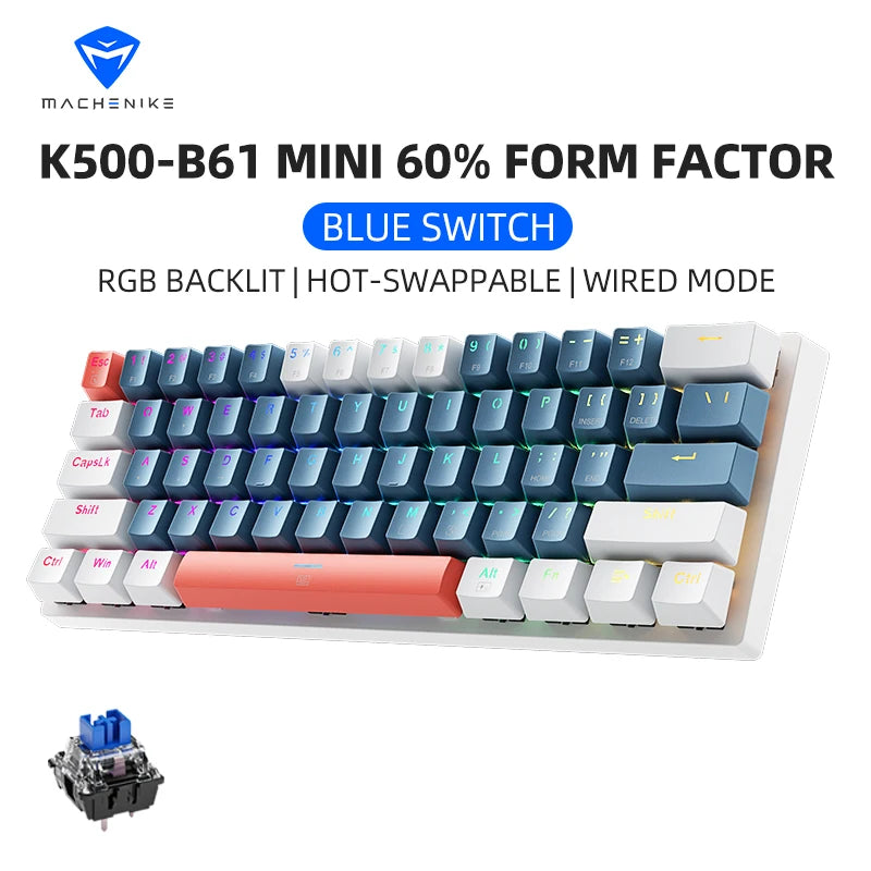 Machenike K500-B61 Mini Mechanical Keyboard – 60% 61 Keys, RGB Backlit, Wired, Hot-Swappable, HUANO Switches, Compact Gaming Keyboard