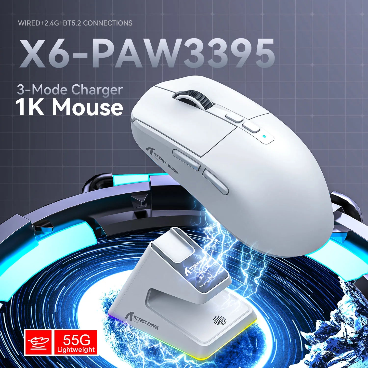 Attack Shark X6 PAW3395 Bluetooth Gaming Mouse – Tri-Mode Wireless, 26000 DPI, RGB Magnetic Charging Base, Macro Customization