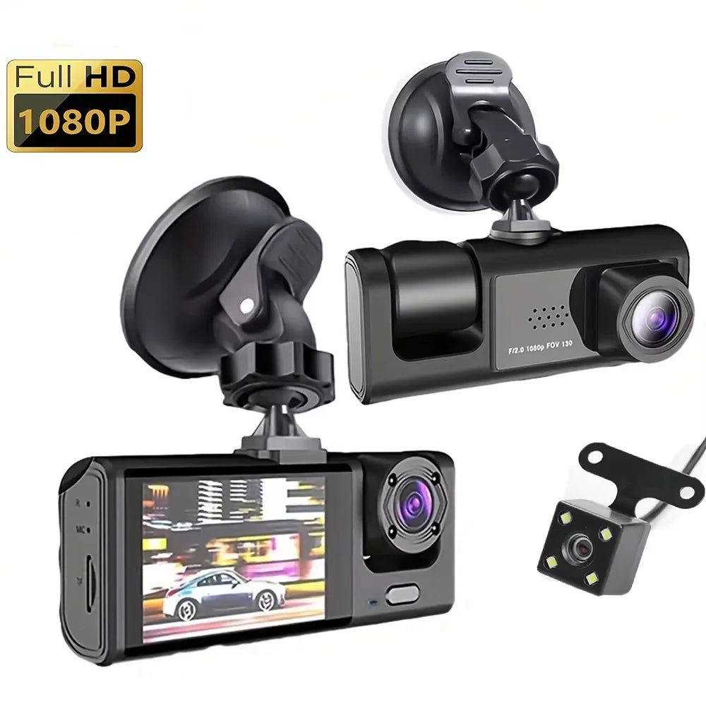 3 Channel 1080P Car DVR with Dual Cameras, Inside Vehicle Dash Cam, 3-Lens Recorder, Night Vision, Loop Recording, and Parking Monitoring