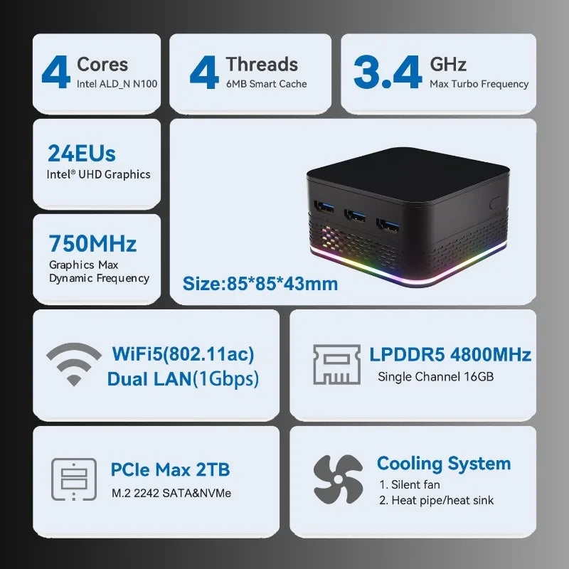 T9 Plus Quad Core Windows 11 Pro Mini PC Intel Alder Lake N100 8GB/16GB LPDDR5 256/512GB/1TB SSD Dual LAN Three HD 2*1000MLan