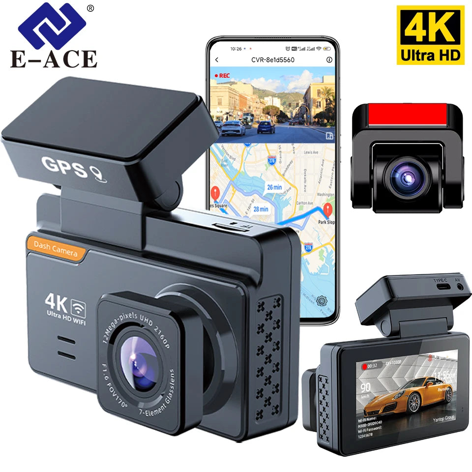 E-ACE Mini 4K Dashcam GPS WIFI Front And Rear 24H Parking Camera Car Dvr Dash Cam Dual Lens Night Vision Auto Black Box Sony