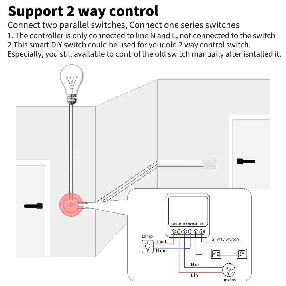 WiFi Mini Smart Switch 16A – DIY Light Switch, 2-Way Wireless Control, Smart Home Compatible with Tuya Smart Life, Alexa, Google Home & Yandex Alice