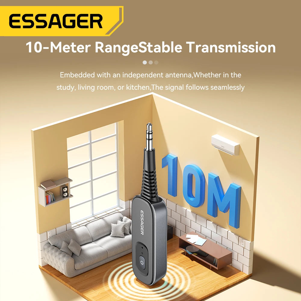 Essager Bluetooth 5.1 Audio Receiver & Transmitter – 3.5mm AUX Wireless Adapter for PC, TV, Car, & Speakers with Built-In Mic