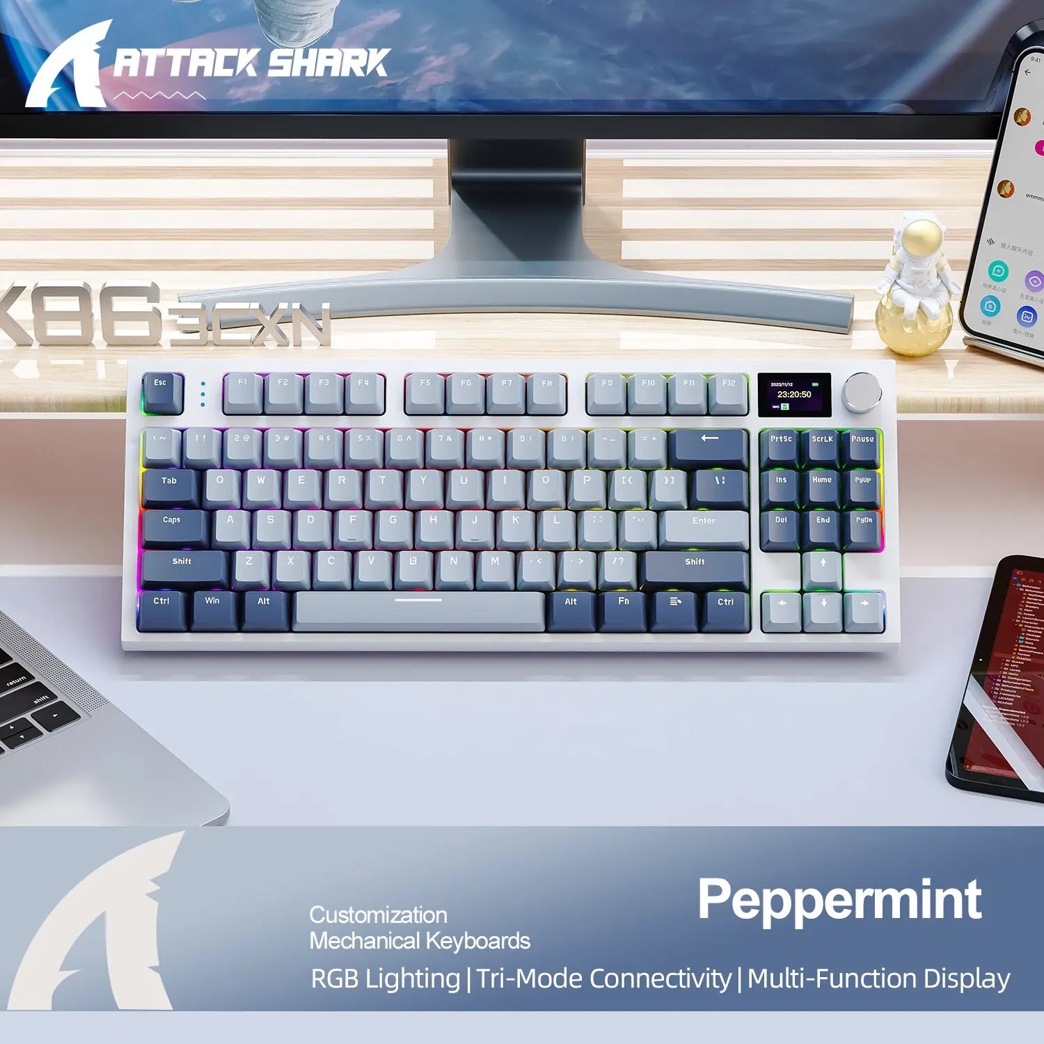 Attack Shark K86 Wireless Hot-Swappable Mechanical Keyboard – Bluetooth/2.4G with Display Screen, Volume Rotary Button, 87 Keys for Gaming and Work