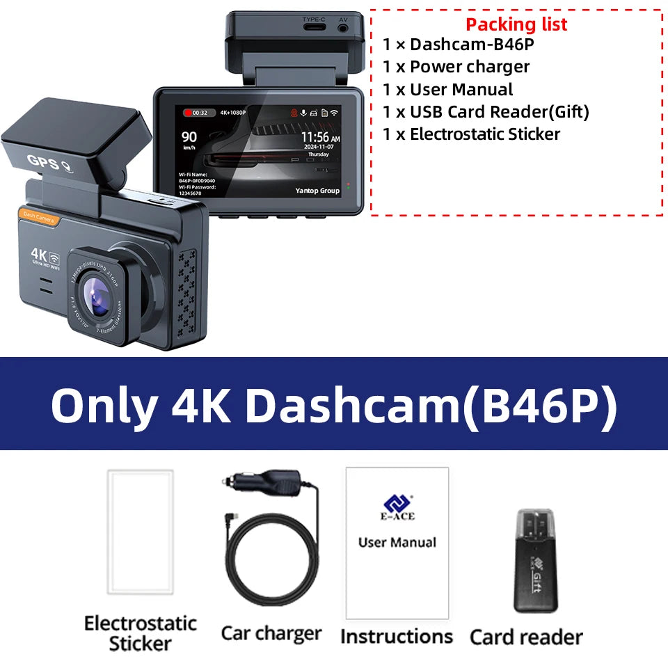 E-ACE Mini 4K Dashcam GPS WIFI Front And Rear 24H Parking Camera Car Dvr Dash Cam Dual Lens Night Vision Auto Black Box Sony