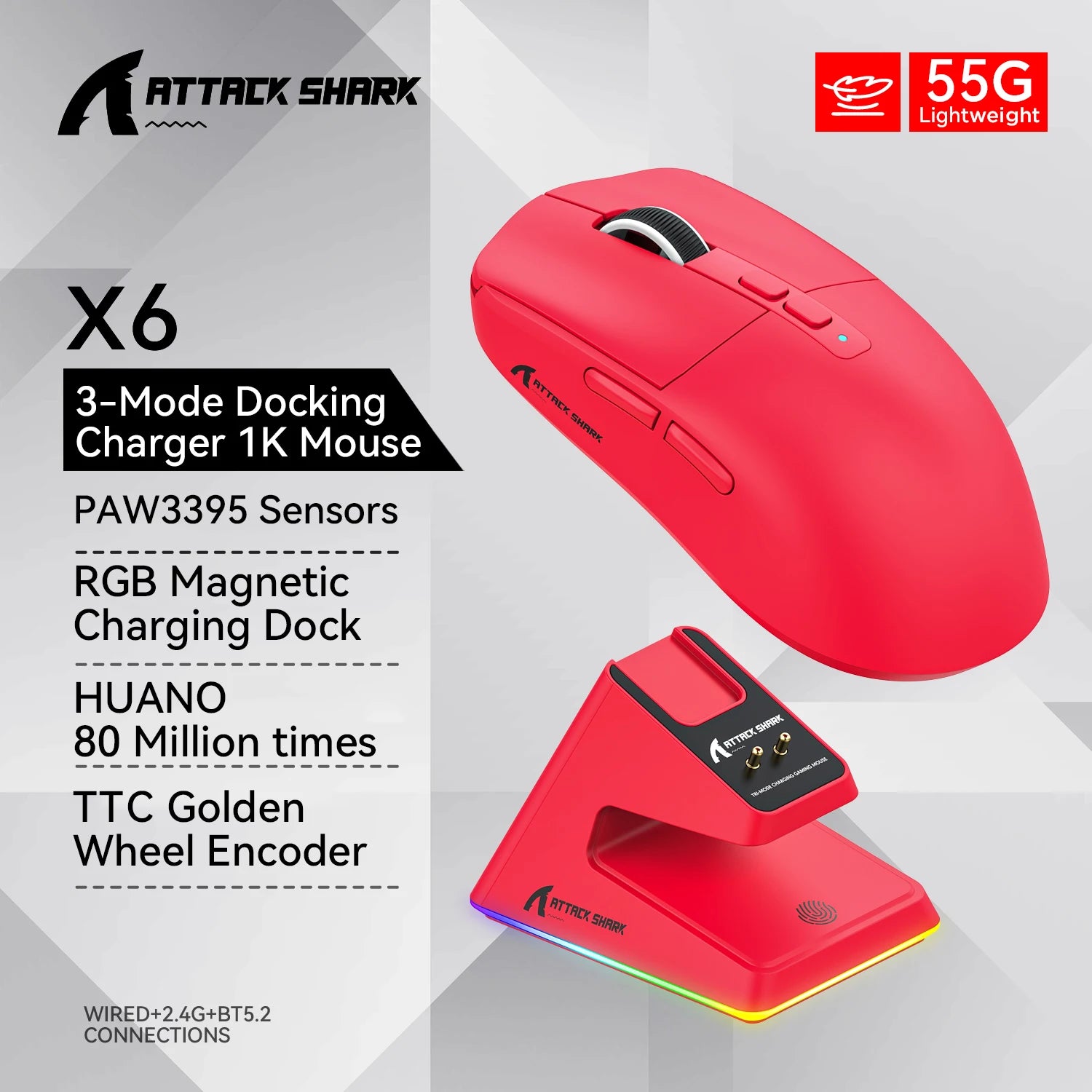 Attack Shark X6 PAW3395 Bluetooth Gaming Mouse – Tri-Mode Wireless, 26000 DPI, RGB Magnetic Charging Base, Macro Customization