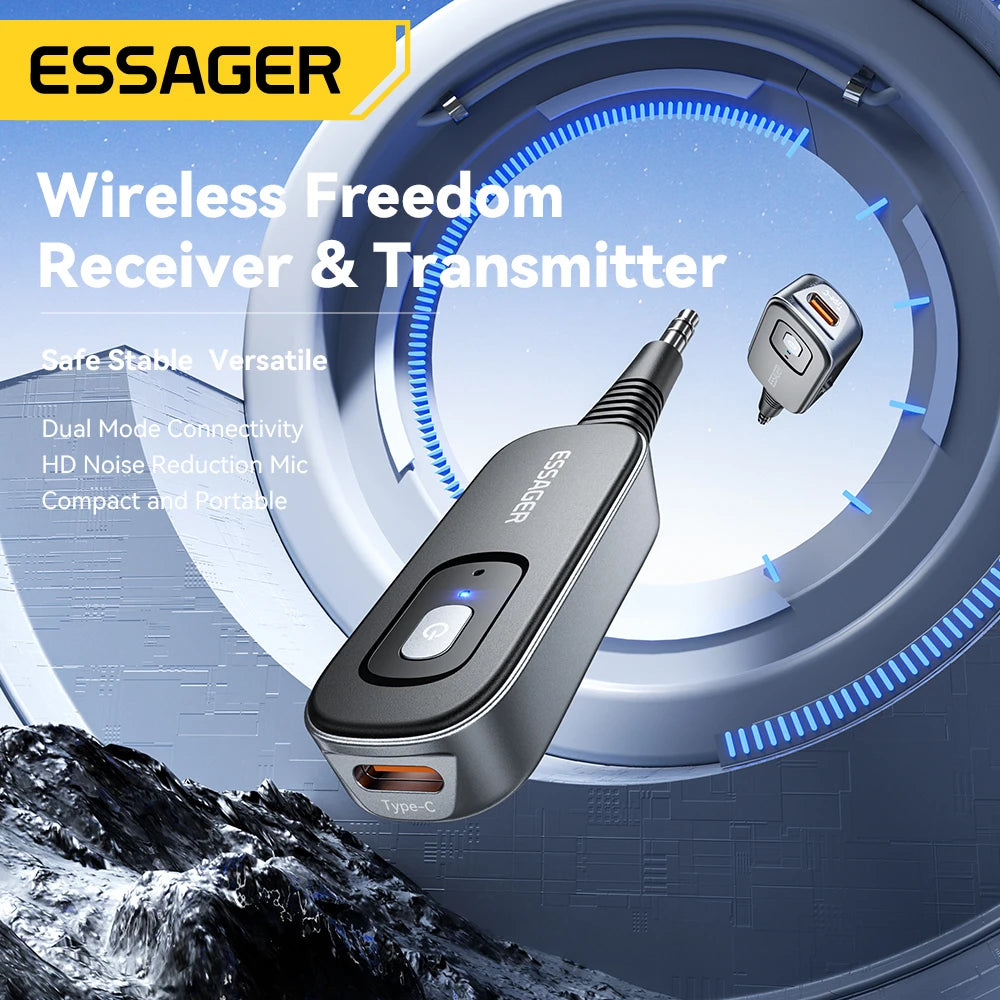 Essager Bluetooth 5.1 Audio Receiver & Transmitter – 3.5mm AUX Wireless Adapter for PC, TV, Car, & Speakers with Built-In Mic