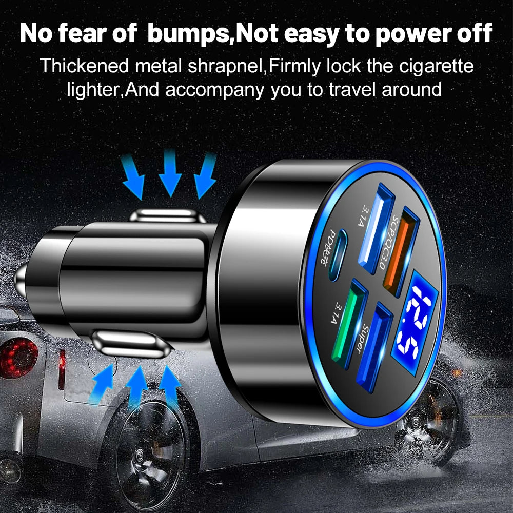 250W LED Car Charger, 5 Ports Fast Charging PD QC3.0 USB C Car Phone Charger Adapter for iPhone, Samsung, Huawei, Xiaomi