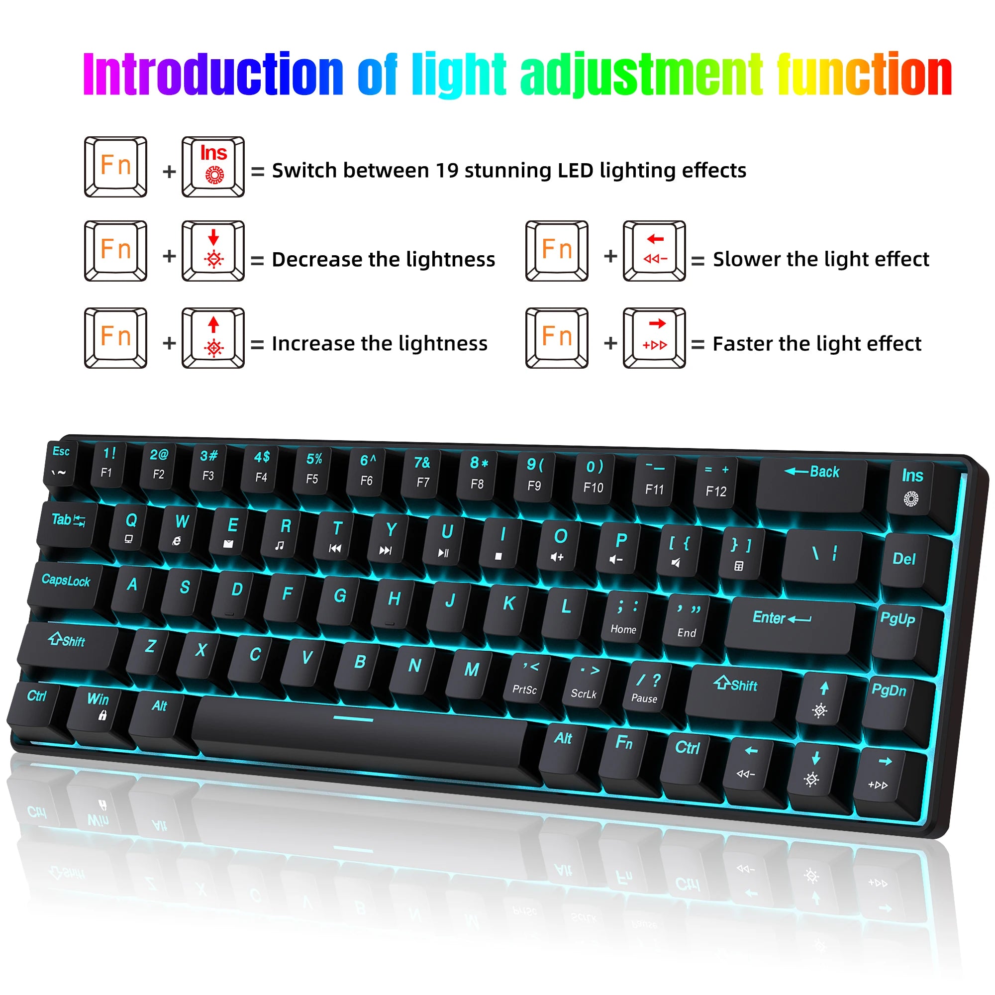 HXSJ V800 65% Mini Mechanical Gaming Keyboard Hot-Swappable Blue/Red Switches ABS Double-Shot Keycaps Multi-Color Lighting Modes