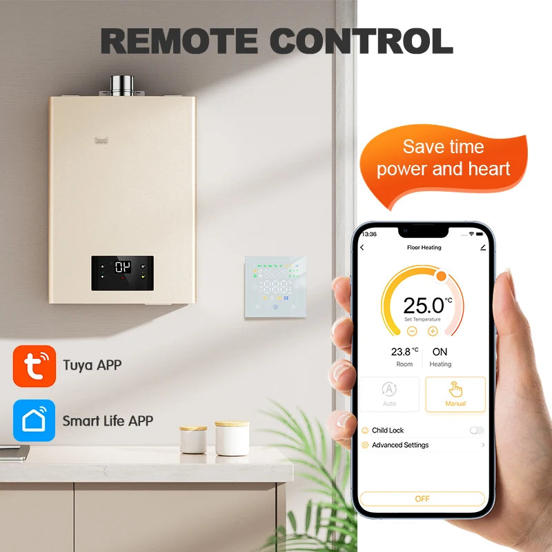 Tuya Smart WiFi Thermostat for Water & Electric Floor Heating, Gas Boilers – Remote Control, Alexa & Google Assistant Compatible, Programmable, Battery-Free