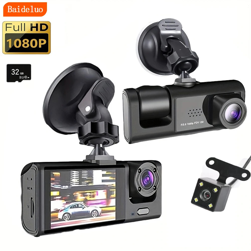 1080P Dash Cam with IR Night Vision, 2" IPS Screen, Loop Recording & 3 Camera Setup - Vehicle DVR, Video Recorder, Car Surveillance