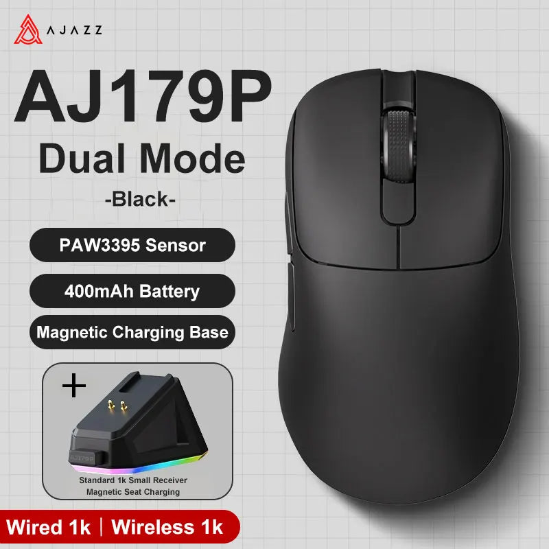 AJAZZ AJ179 PRO PAW3395 Gaming Mouse – 2.4GHz Wireless & Wired, Magnetic Charging Base, Ergonomic Design, 26K DPI, Macro Function for PC & Laptop