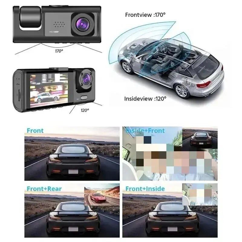 3 Channel 1080P Car DVR with Dual Cameras, Inside Vehicle Dash Cam, 3-Lens Recorder, Night Vision, Loop Recording, and Parking Monitoring