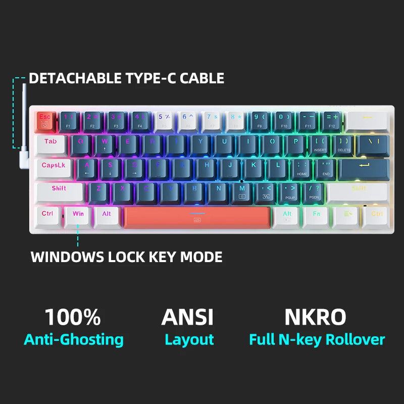 Machenike K500-B61 Mini Mechanical Keyboard – 60% 61 Keys, RGB Backlit, Wired, Hot-Swappable, HUANO Switches, Compact Gaming Keyboard