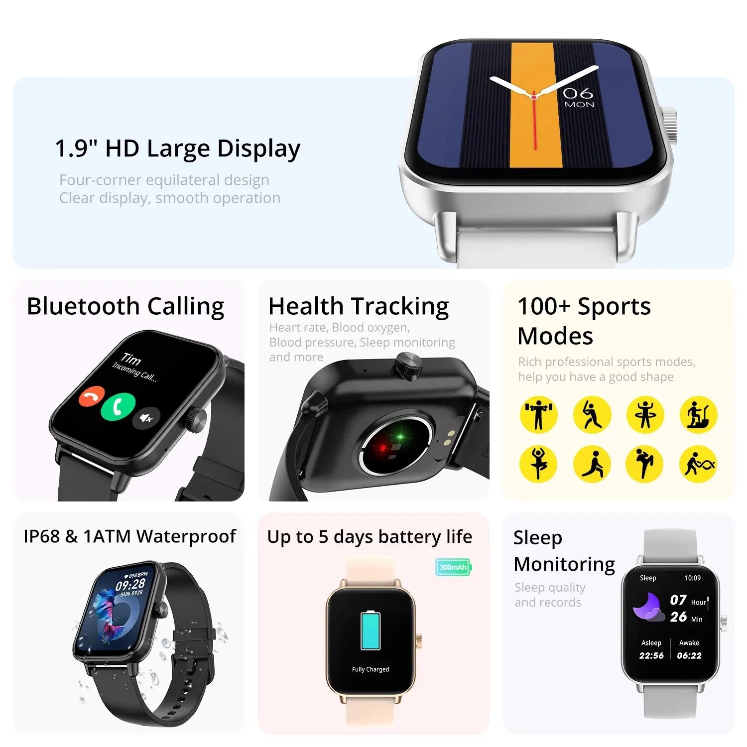 2025 Voice Calling Smart Watch, 1.9" HD Display, 100+ Sports Modes, 24H Health Monitoring, IP68 Waterproof, Bluetooth Connectivity, Customizable Watch Faces