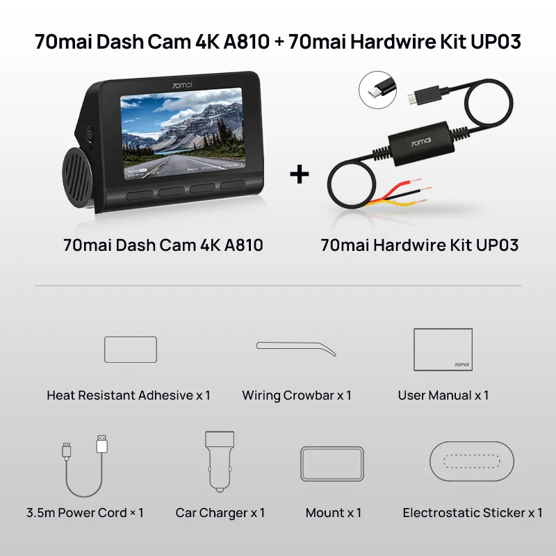 70mai 4K Dash Cam A810 with Built-in GPS, ADAS, Motion Detection, 150° FOV, 60FPS, Parking Monitor, Support Rear Camera