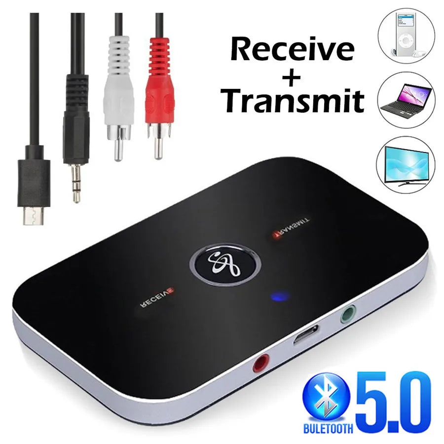 Bluetooth 5.0 Audio Transmitter & Receiver, Wireless 3.5mm AUX, RCA USB Dongle, Stereo Music Adapter for Car, PC, TV, Headphones