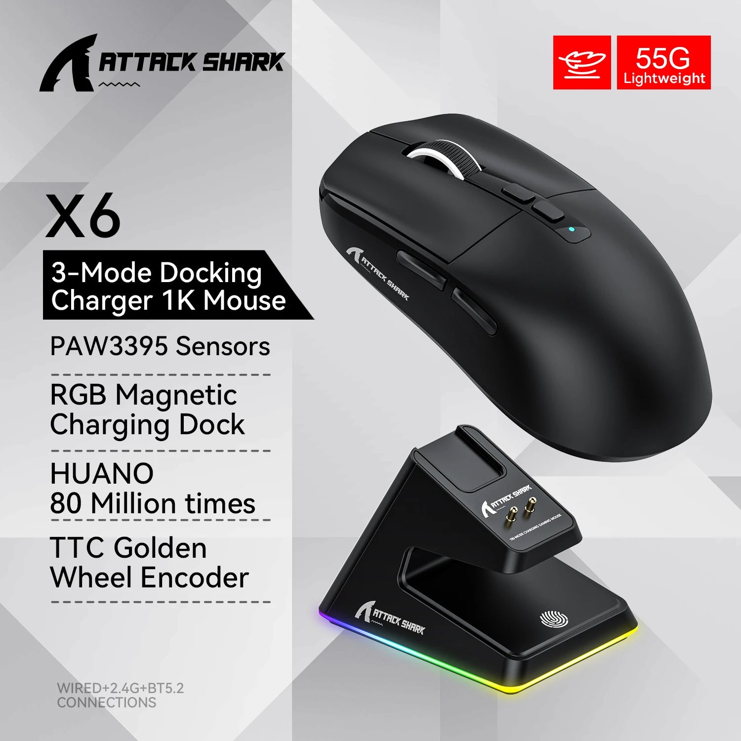 Attack Shark X6 PAW3395 Bluetooth Gaming Mouse – Tri-Mode Wireless, 26000 DPI, RGB Magnetic Charging Base, Macro Customization