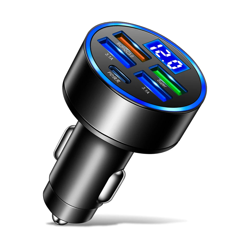 250W LED Car Charger, 5 Ports Fast Charging PD QC3.0 USB C Car Phone Charger Adapter for iPhone, Samsung, Huawei, Xiaomi