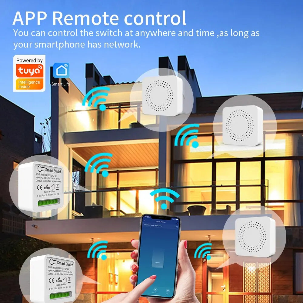 WiFi Mini Smart Switch 16A – DIY Light Switch, 2-Way Wireless Control, Smart Home Compatible with Tuya Smart Life, Alexa, Google Home & Yandex Alice