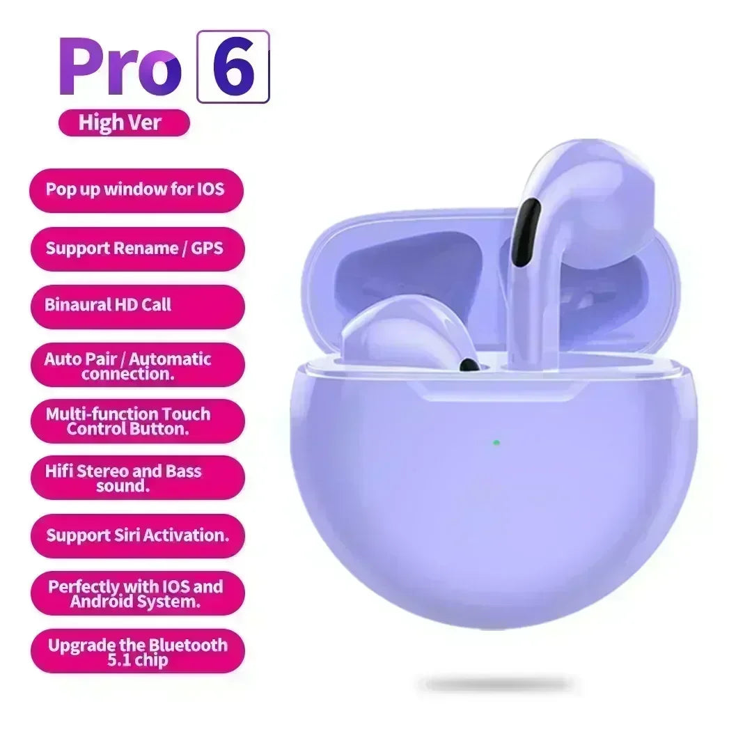 Pro 6 TWS Wireless Headphones with Mic - Bluetooth Earphones for Sport, Running, and Calls