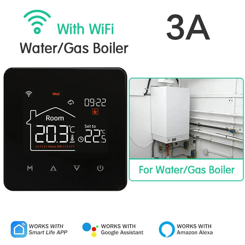 Smart WiFi Thermostat for Floor Heating & Gas Boiler – Tuya Smart Home Temperature Controller, Alexa & Google Home Compatible, Programmable Touch Control