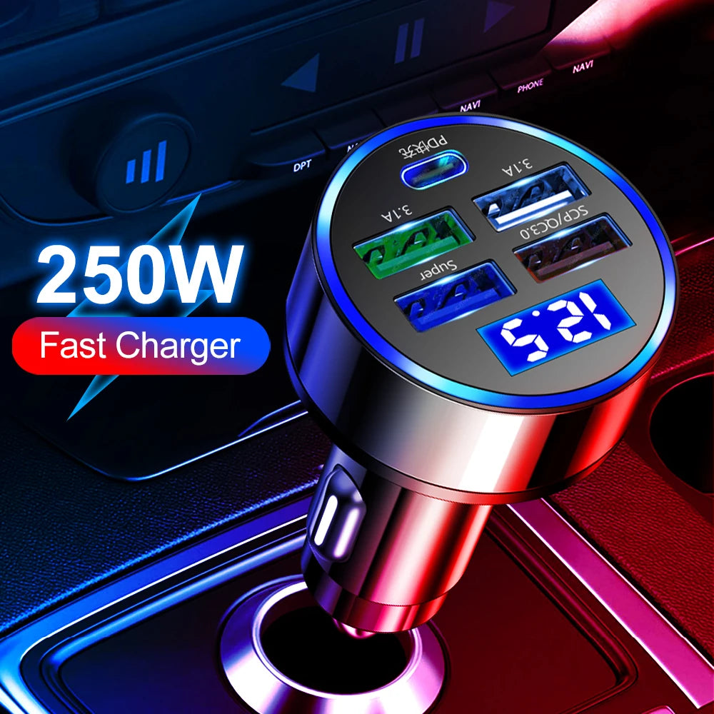 250W LED Car Charger, 5 Ports Fast Charging PD QC3.0 USB C Car Phone Charger Adapter for iPhone, Samsung, Huawei, Xiaomi