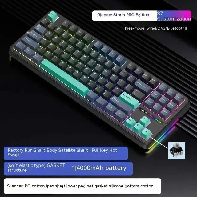 AULA F87 Pro Mechanical Keyboard – 87 Keys RGB, Tri-Mode Wireless (2.4GHz, USB, Bluetooth), PBT Keycaps, Hot-Swappable, Gasket Mount with Silent Keys