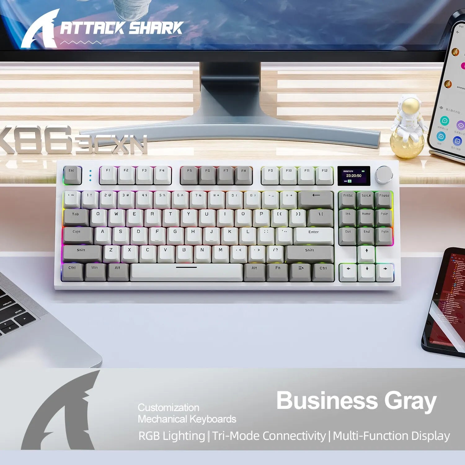 Attack Shark K86 Wireless Hot-Swappable Mechanical Keyboard – Bluetooth/2.4G with Display Screen, Volume Rotary Button, 87 Keys for Gaming and Work