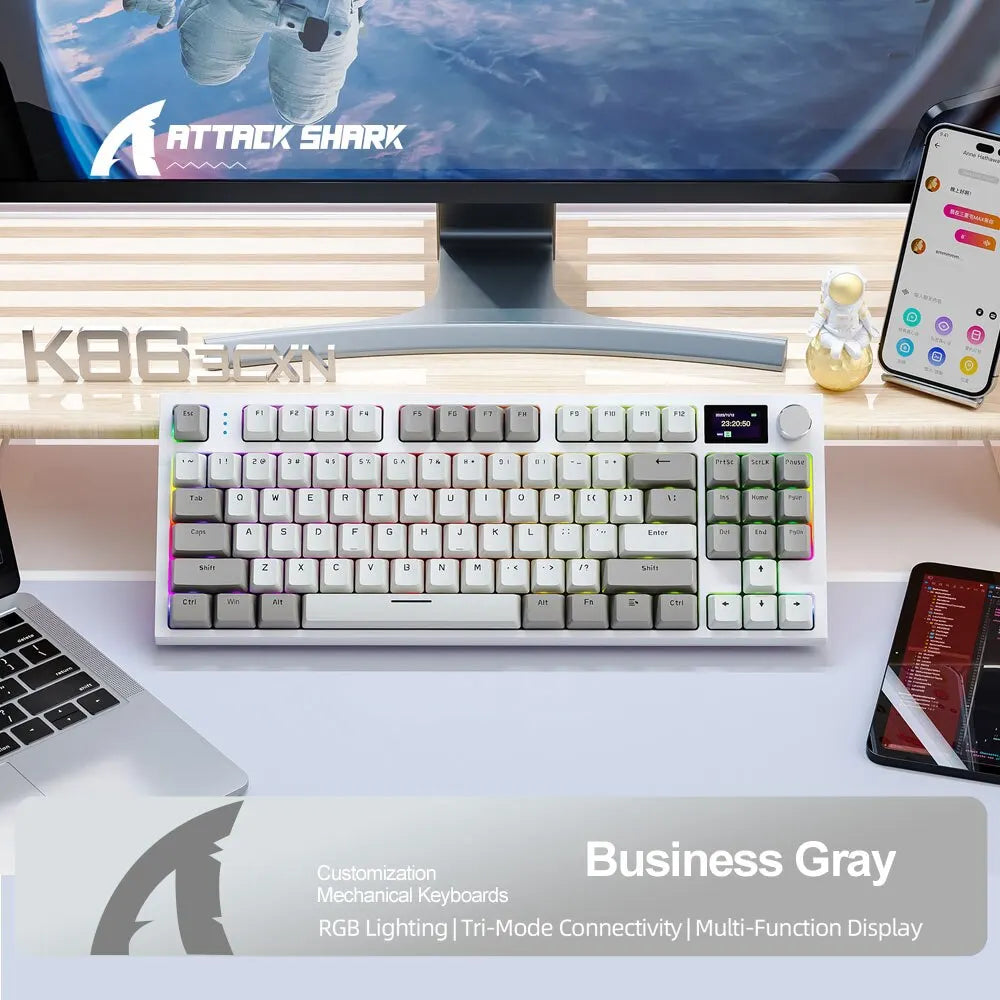 Attack Shark K86 Wireless Hot-Swappable Mechanical Keyboard – Bluetooth/2.4G with Display Screen, Volume Rotary Button, 87 Keys for Gaming and Work