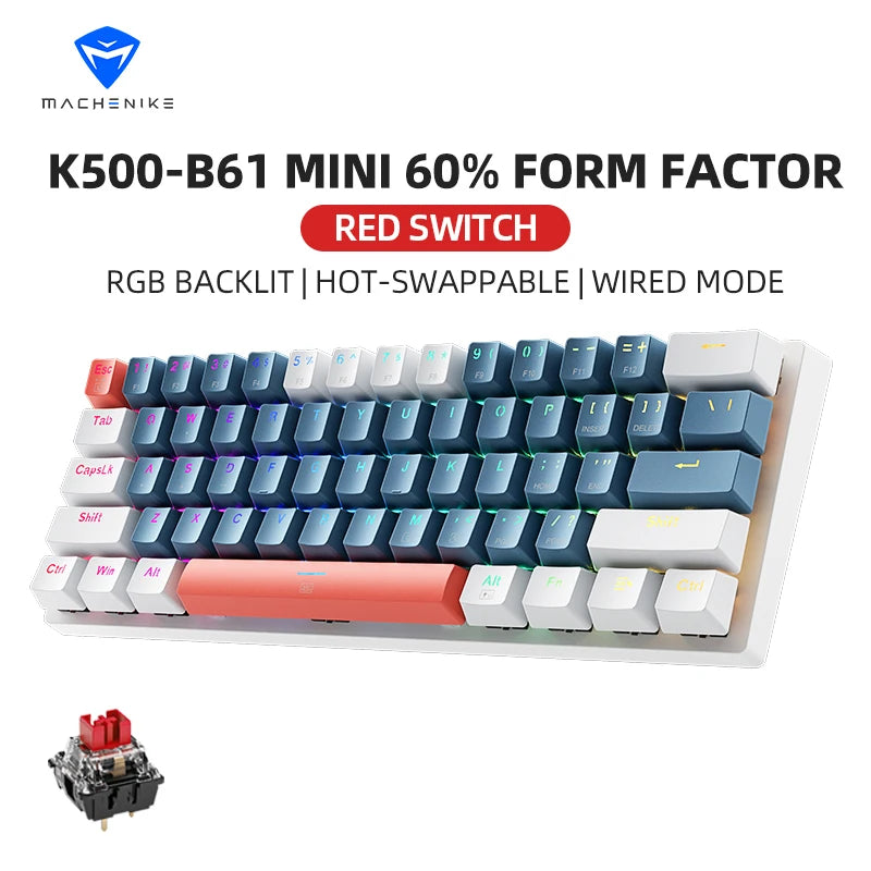 Machenike K500-B61 Mini Mechanical Keyboard – 60% 61 Keys, RGB Backlit, Wired, Hot-Swappable, HUANO Switches, Compact Gaming Keyboard