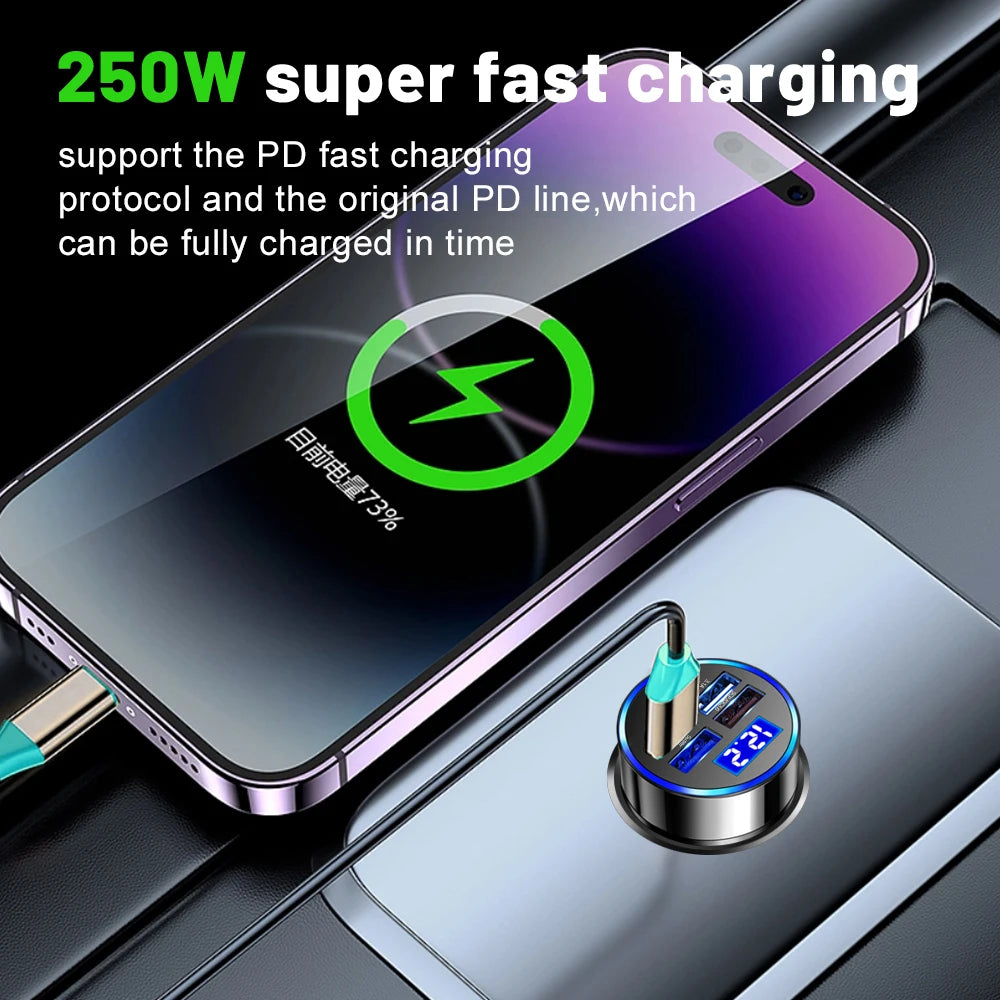 250W LED Car Charger, 5 Ports Fast Charging PD QC3.0 USB C Car Phone Charger Adapter for iPhone, Samsung, Huawei, Xiaomi