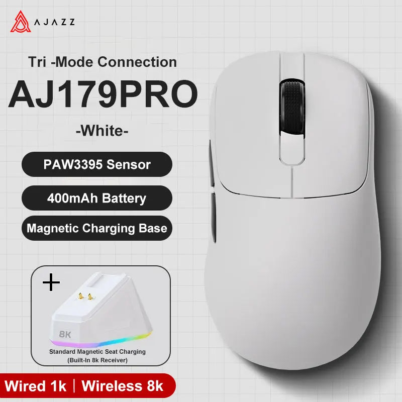 AJAZZ AJ179 PRO PAW3395 Gaming Mouse – 2.4GHz Wireless & Wired, Magnetic Charging Base, Ergonomic Design, 26K DPI, Macro Function for PC & Laptop