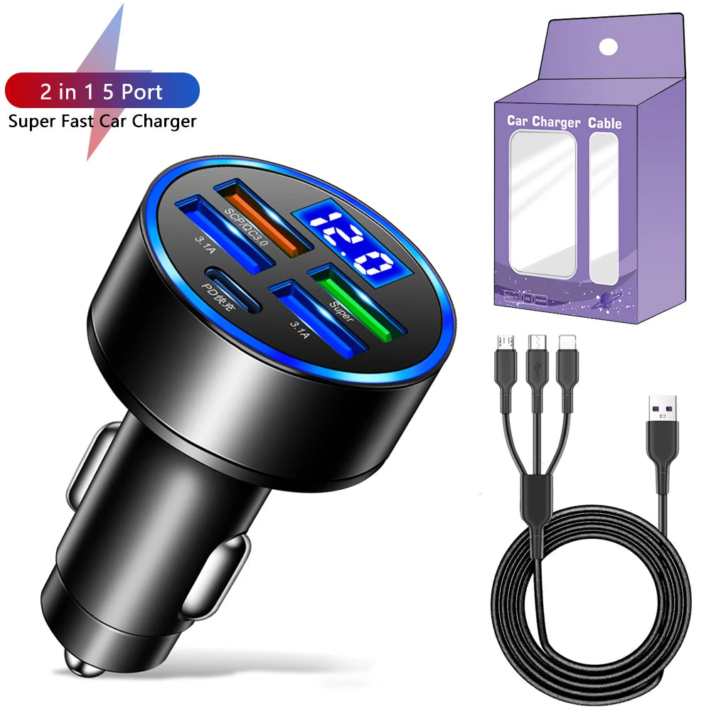 250W LED Car Charger, 5 Ports Fast Charging PD QC3.0 USB C Car Phone Charger Adapter for iPhone, Samsung, Huawei, Xiaomi