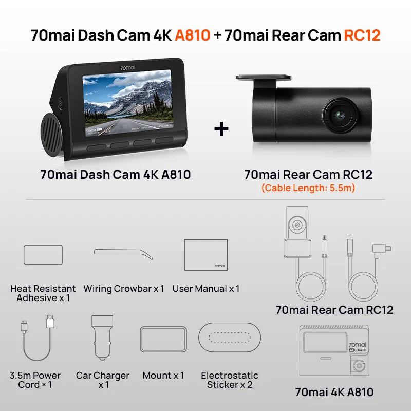 70mai 4K Dash Cam A810 with Built-in GPS, ADAS, Motion Detection, 150° FOV, 60FPS, Parking Monitor, Support Rear Camera