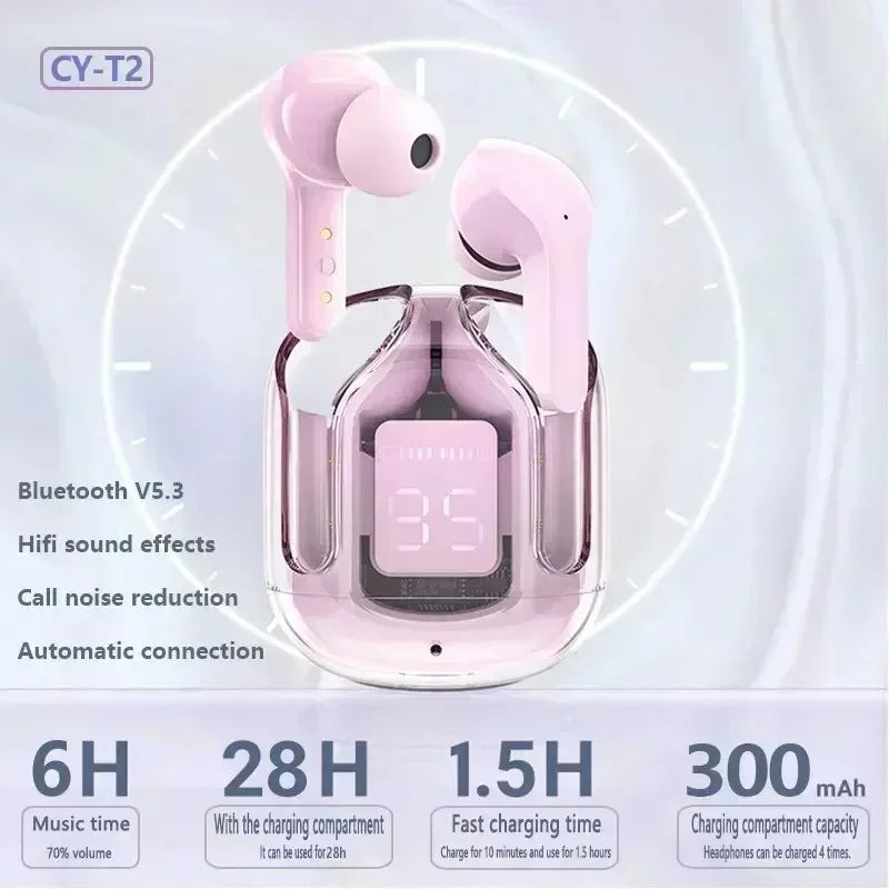 T2 TWS Wireless Bluetooth Headset - Transparent ENC Power Digital Display Stereo Sound Earphones