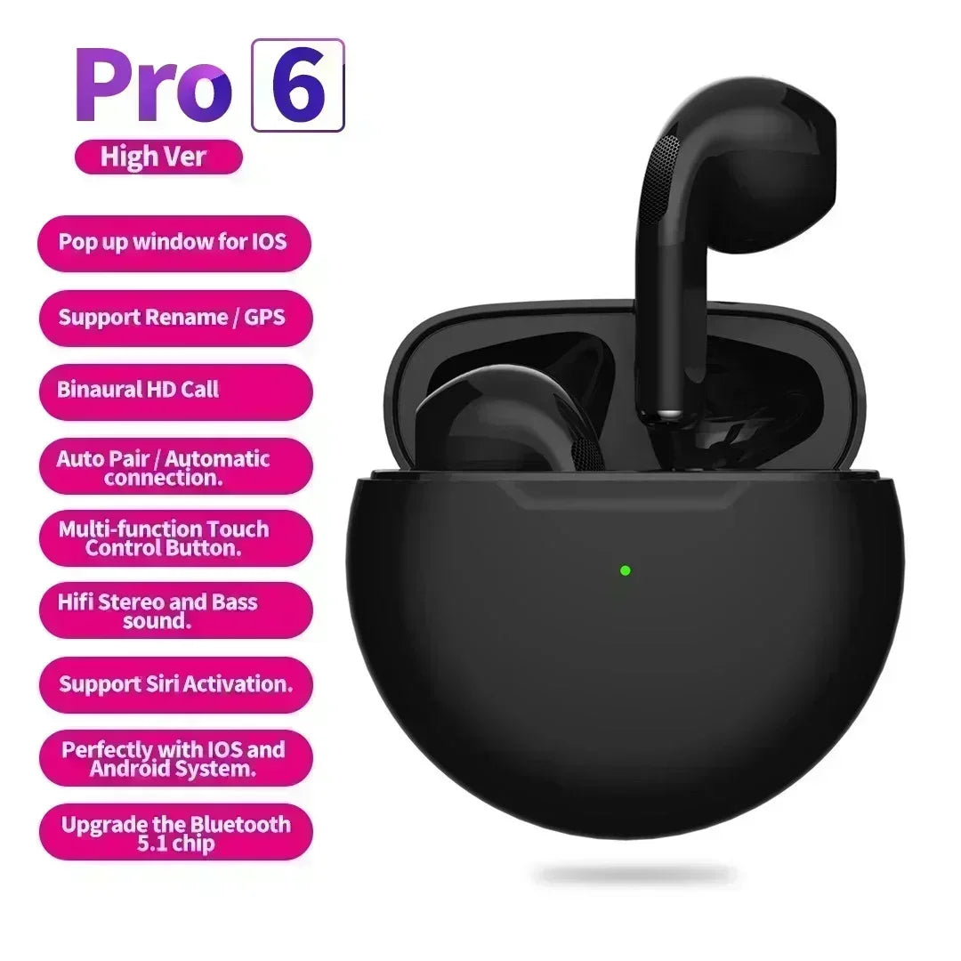 Pro 6 TWS Wireless Headphones with Mic - Bluetooth Earphones for Sport, Running, and Calls