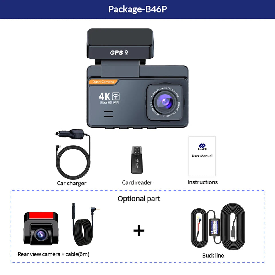 E-ACE Mini 4K Dashcam GPS WIFI Front And Rear 24H Parking Camera Car Dvr Dash Cam Dual Lens Night Vision Auto Black Box Sony