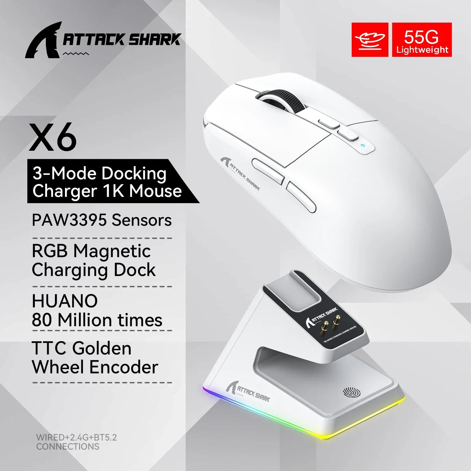 Attack Shark X6 PAW3395 Bluetooth Gaming Mouse – Tri-Mode Wireless, 26000 DPI, RGB Magnetic Charging Base, Macro Customization