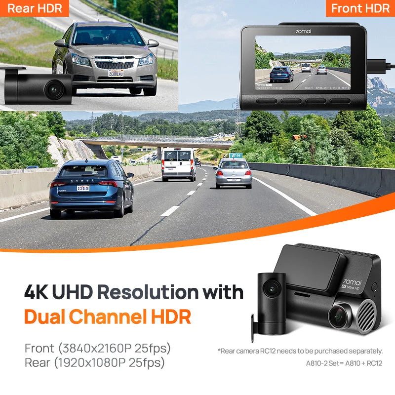 70mai 4K Dash Cam A810 with Built-in GPS, ADAS, Motion Detection, 150° FOV, 60FPS, Parking Monitor, Support Rear Camera