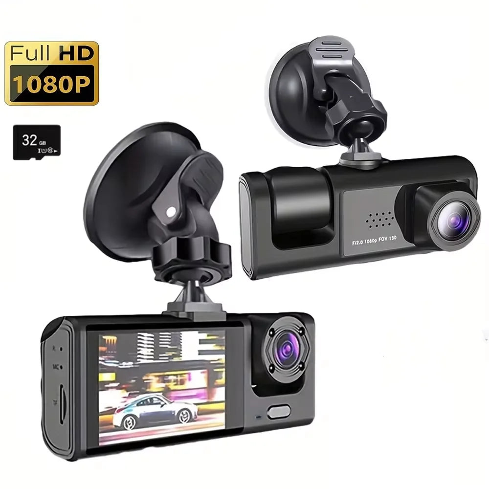 3 Channel 1080P Car DVR with Dual Cameras, Inside Vehicle Dash Cam, 3-Lens Recorder, Night Vision, Loop Recording, and Parking Monitoring