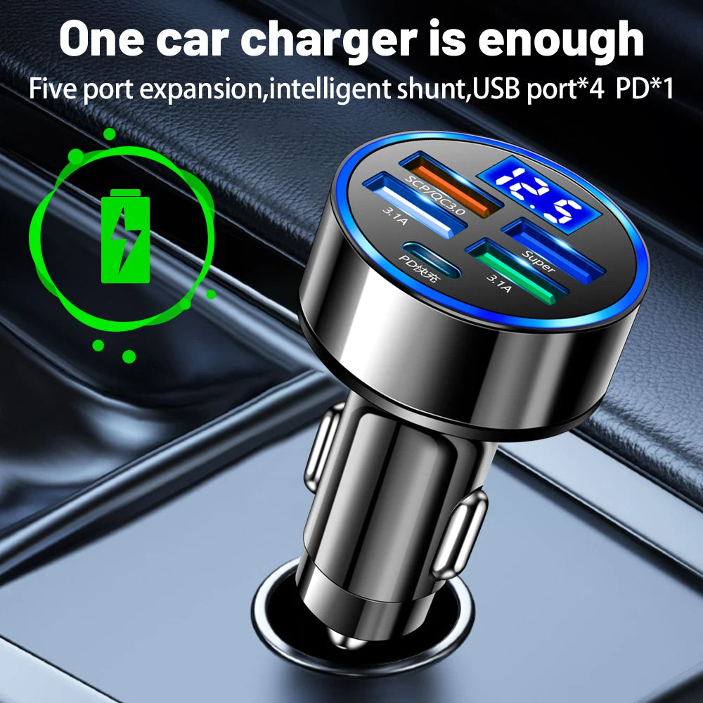 250W LED Car Charger, 5 Ports Fast Charging PD QC3.0 USB C Car Phone Charger Adapter for iPhone, Samsung, Huawei, Xiaomi