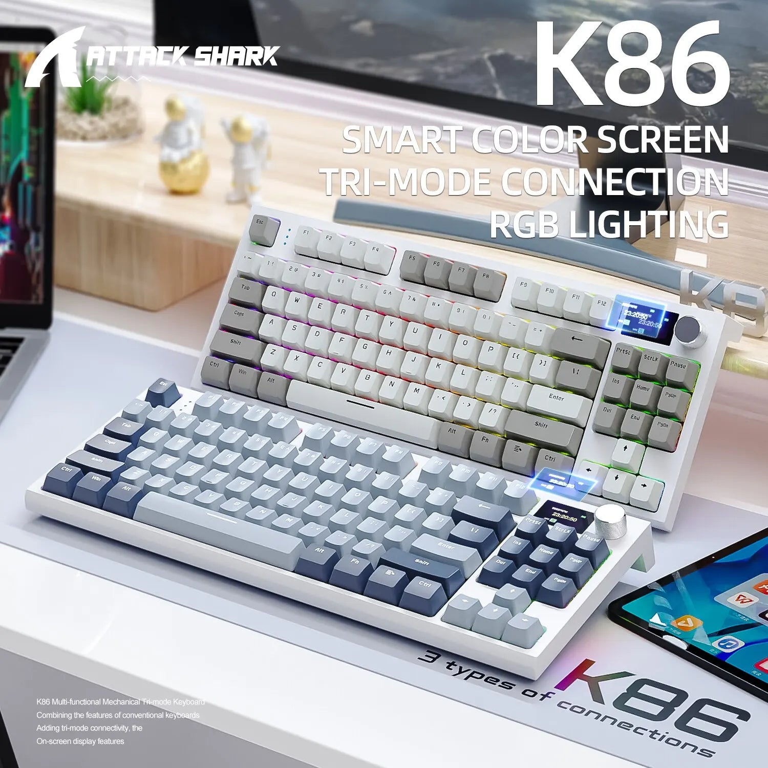 Attack Shark K86 Wireless Hot-Swappable Mechanical Keyboard – Bluetooth/2.4G with Display Screen, Volume Rotary Button, 87 Keys for Gaming and Work