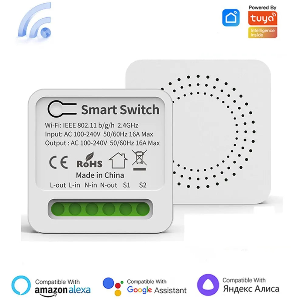 WiFi Mini Smart Switch 16A – DIY Light Switch, 2-Way Wireless Control, Smart Home Compatible with Tuya Smart Life, Alexa, Google Home & Yandex Alice