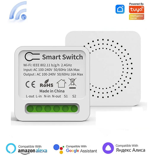 WiFi Mini Smart Switch 16A – DIY Light Switch, 2-Way Wireless Control, Smart Home Compatible with Tuya Smart Life, Alexa, Google Home & Yandex Alice