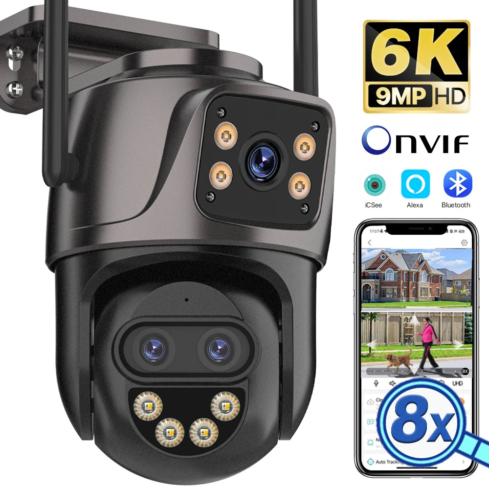 6K 9MP HD Outdoor PTZ Camera – Triple Lens, WiFi, Auto Tracking, 8X Zoom, Color Night Vision, Two-Way Audio, iCSee App, IP66 Waterproof